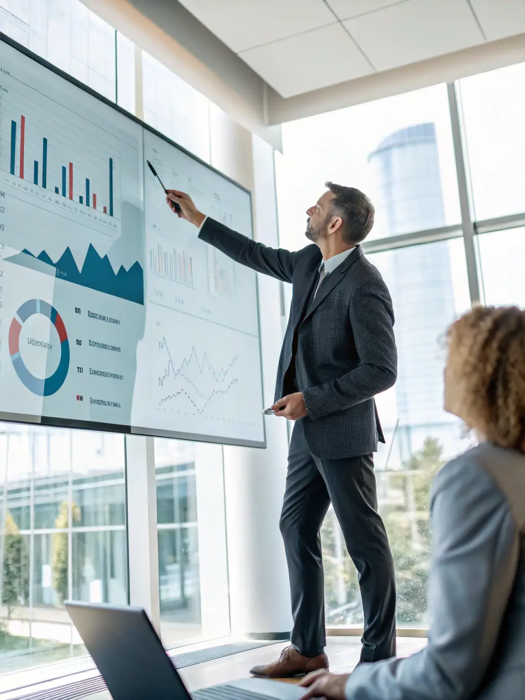A person in a suit, confidently presenting data on a screen in a modern office environment, representing a career in Business Analytics.
