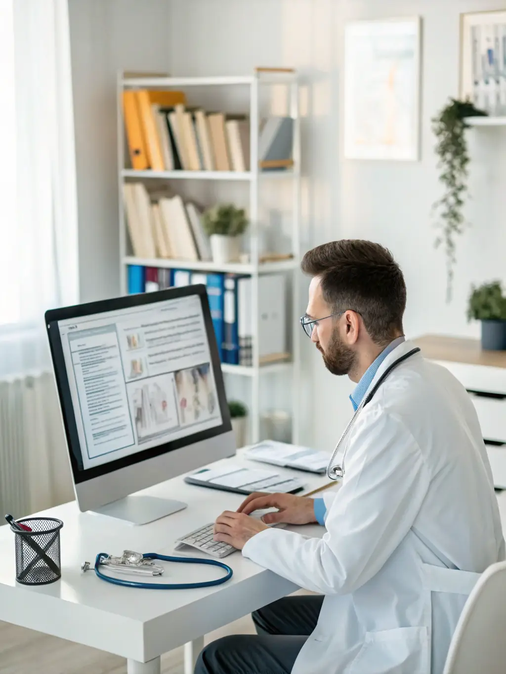 A person wearing a stethoscope, consulting with a patient in a medical office, representing a career in Healthcare Administration.