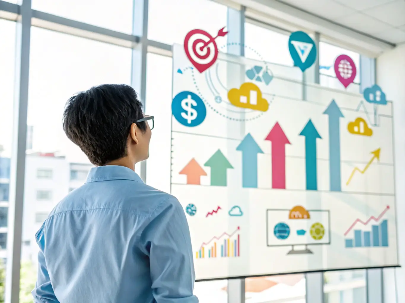 A person in a business suit confidently presenting data on a screen, representing the analytical skills needed for a career in data analysis. The setting is a modern office environment.