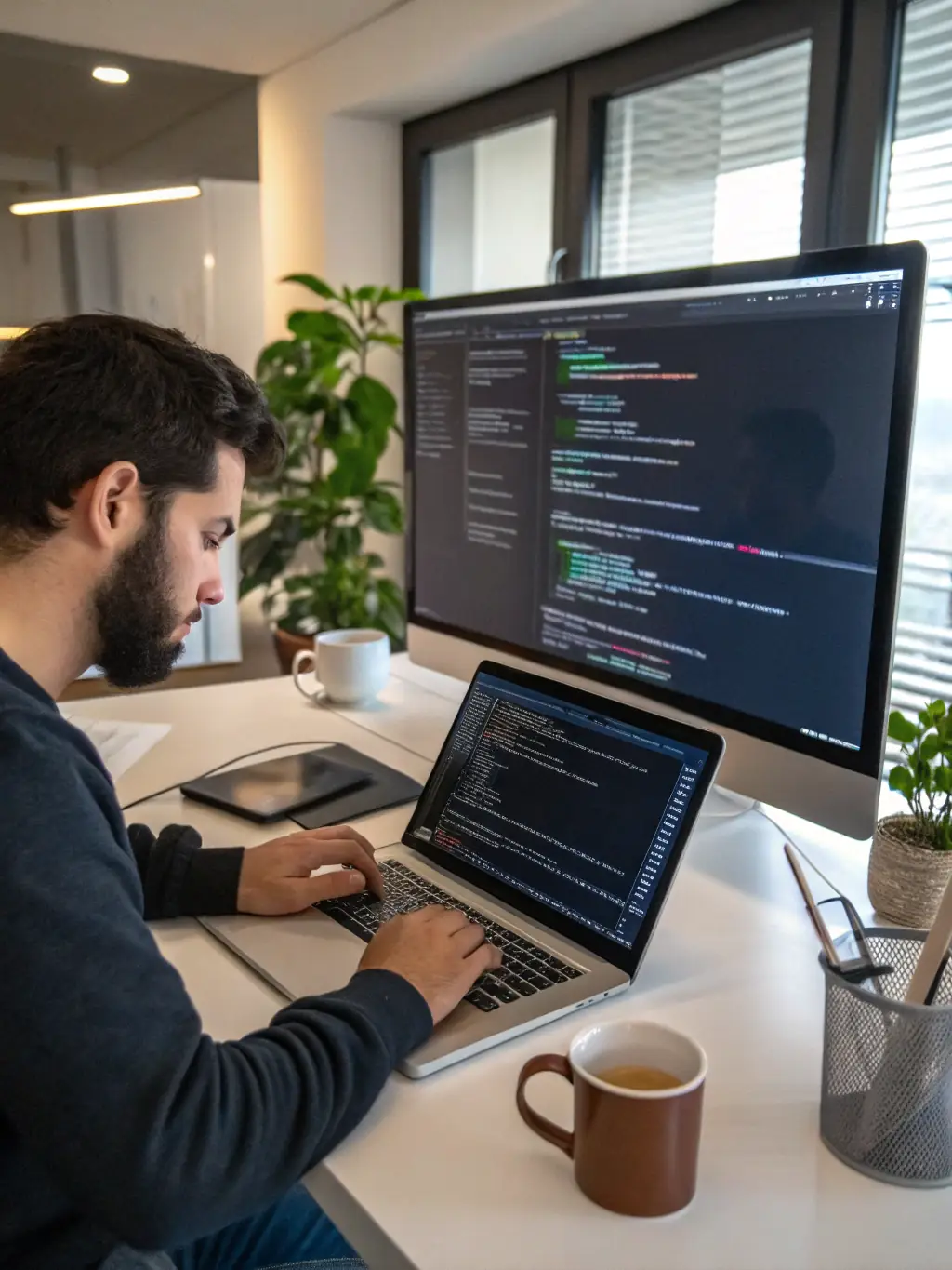 A person coding on a computer with multiple screens displaying lines of code, representing a career in Software Development.