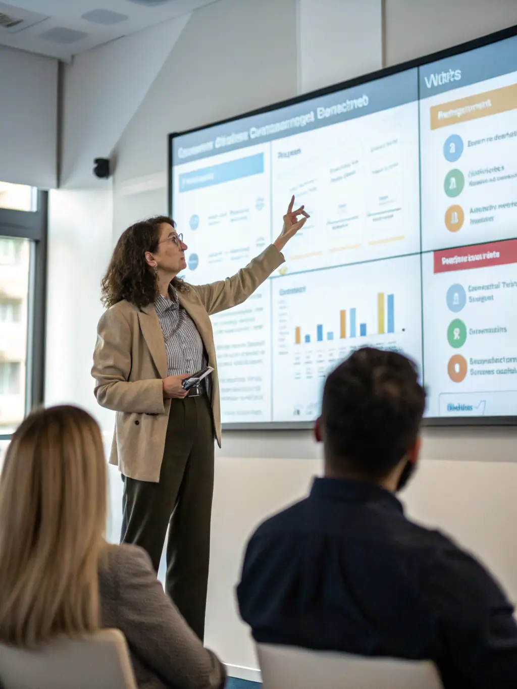 A person giving a presentation in a modern office setting, illustrating the business and management courses provided by Infiniversia.