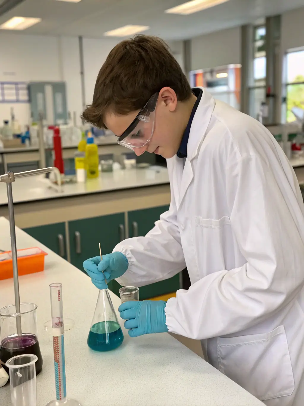 A person wearing a lab coat and safety glasses, working with scientific equipment in a modern laboratory setting, representing a career in Biotechnology.